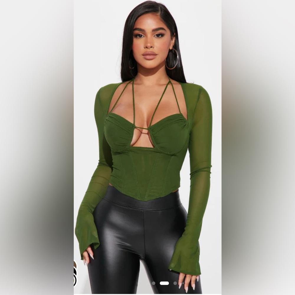 Fashion Nova Green Long Sleeve Cut Out Bodysuit